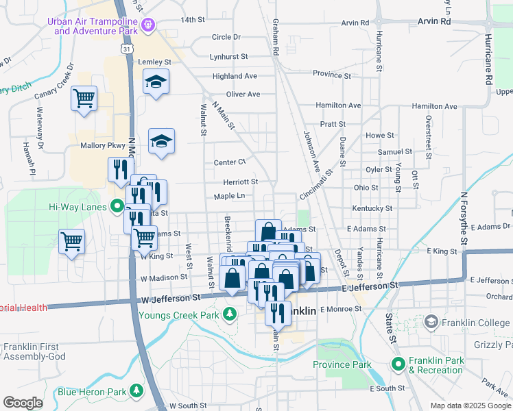 map of restaurants, bars, coffee shops, grocery stores, and more near 98 Banta Street in Franklin