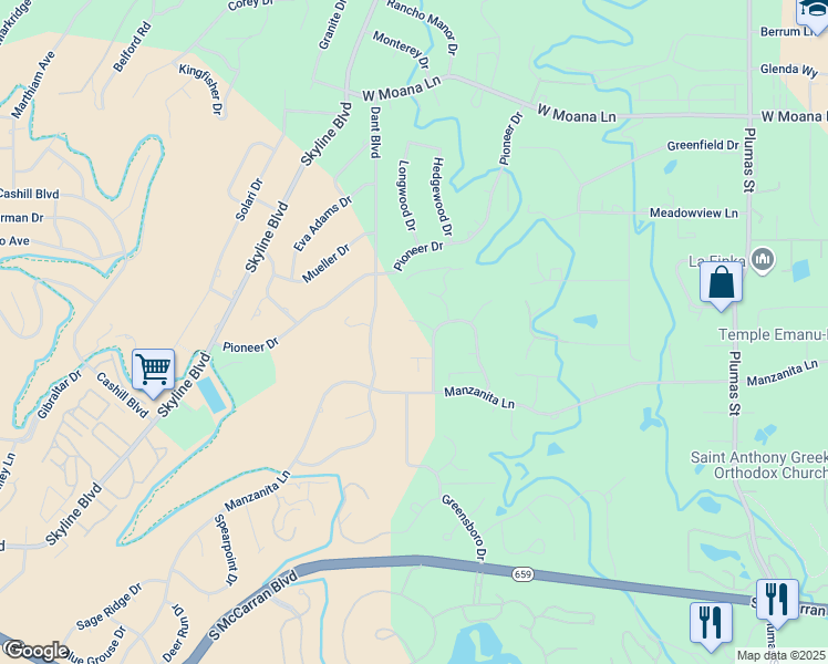map of restaurants, bars, coffee shops, grocery stores, and more near 2279 Rainwood Court in Reno