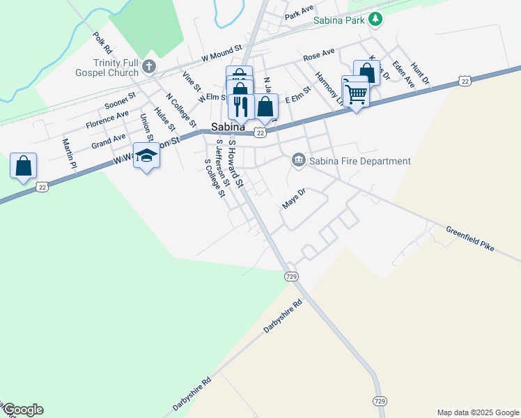 map of restaurants, bars, coffee shops, grocery stores, and more near 299 South Howard Street in Sabina