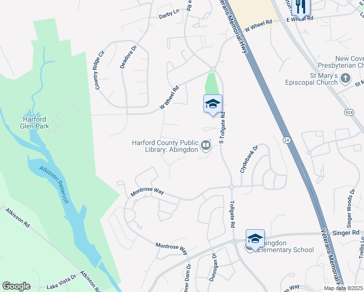 map of restaurants, bars, coffee shops, grocery stores, and more near 401 Mike Anthony Court in Bel Air