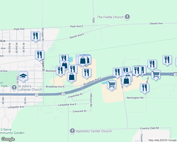 map of restaurants, bars, coffee shops, grocery stores, and more near None in Mattoon
