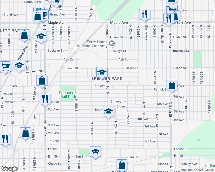 map of restaurants, bars, coffee shops, grocery stores, and more near 8th Avenue in Terre Haute