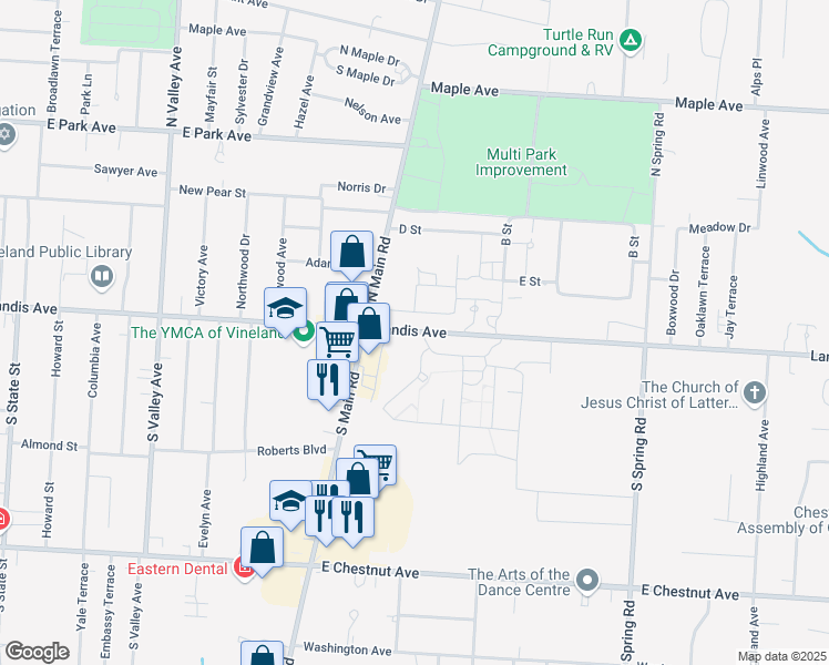 map of restaurants, bars, coffee shops, grocery stores, and more near 1669 Landis Avenue in Vineland