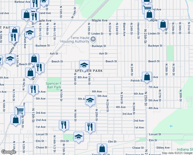 map of restaurants, bars, coffee shops, grocery stores, and more near 2003 8th Ave in Terre Haute