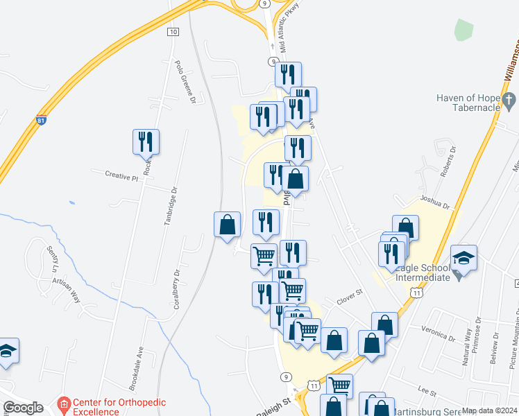 map of restaurants, bars, coffee shops, grocery stores, and more near 186 Jennings Drive in Martinsburg