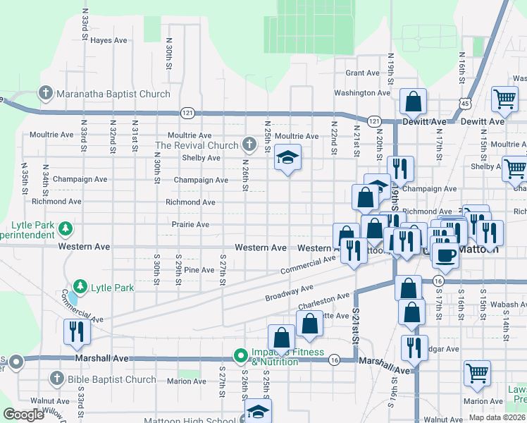 map of restaurants, bars, coffee shops, grocery stores, and more near 213 North 25th Street in Mattoon
