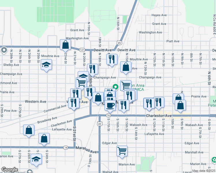 map of restaurants, bars, coffee shops, grocery stores, and more near 1698 Richmond Avenue in Mattoon