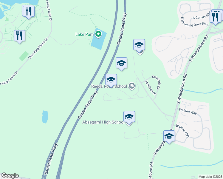 map of restaurants, bars, coffee shops, grocery stores, and more near 105 South Reeds Road in Galloway