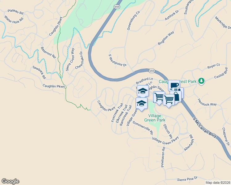 map of restaurants, bars, coffee shops, grocery stores, and more near 4883 Foxcreek Trail in Reno