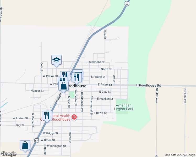 map of restaurants, bars, coffee shops, grocery stores, and more near 121-125 North Glenwood Avenue in Roodhouse