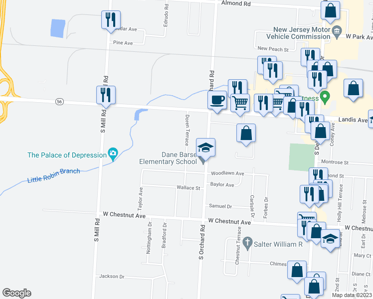 map of restaurants, bars, coffee shops, grocery stores, and more near 187 Doren Terrace in Vineland