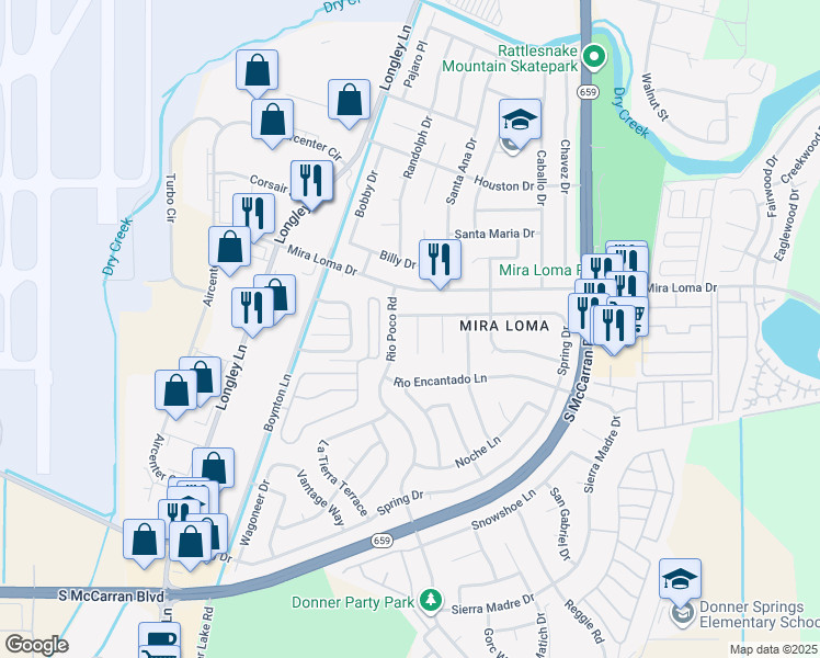 map of restaurants, bars, coffee shops, grocery stores, and more near 3530 Rio Poco Road in Reno