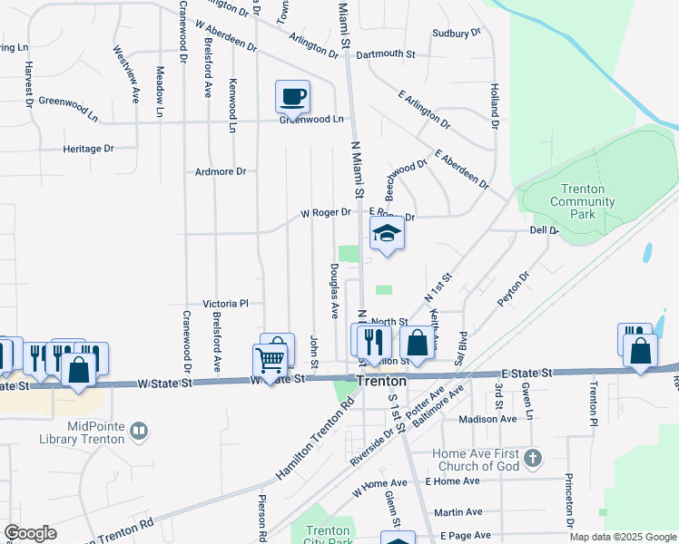 map of restaurants, bars, coffee shops, grocery stores, and more near 229 North Miami Street in Trenton