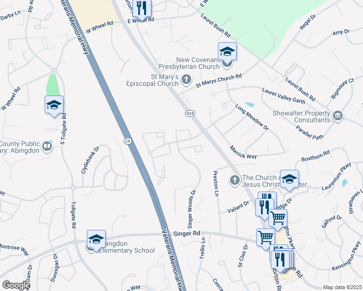 map of restaurants, bars, coffee shops, grocery stores, and more near 144 Spruce Woods Court in Abingdon