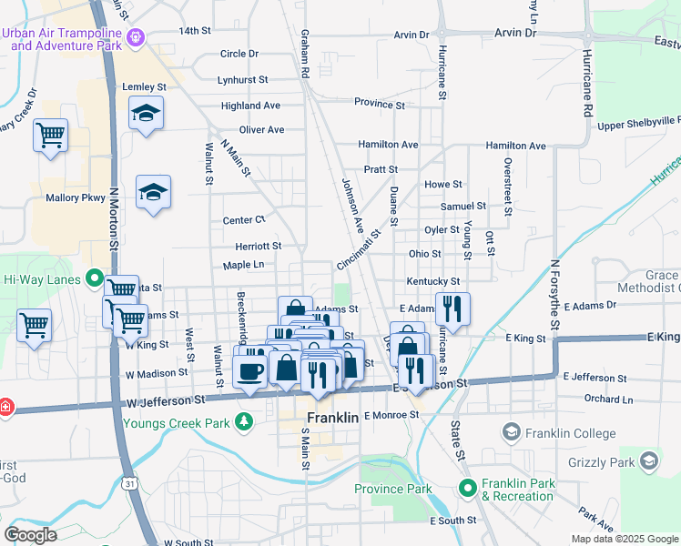 map of restaurants, bars, coffee shops, grocery stores, and more near 350 Richey Street in Franklin
