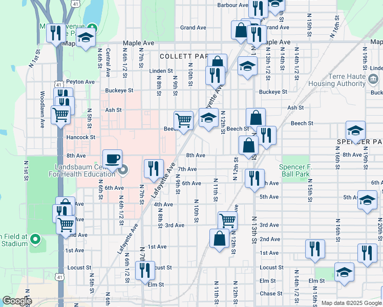map of restaurants, bars, coffee shops, grocery stores, and more near 917 8th Avenue in Terre Haute