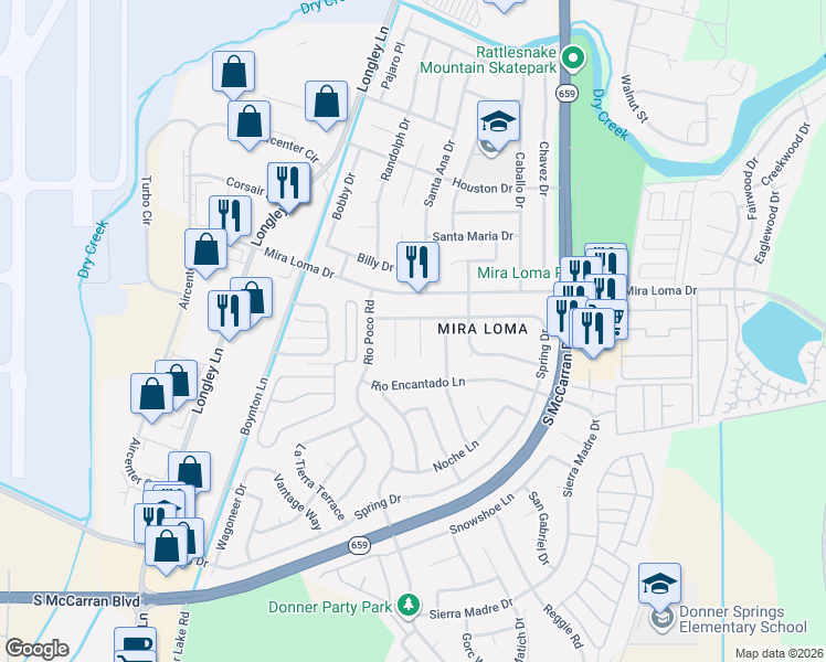 map of restaurants, bars, coffee shops, grocery stores, and more near 3531 Caballo Alto Court in Reno