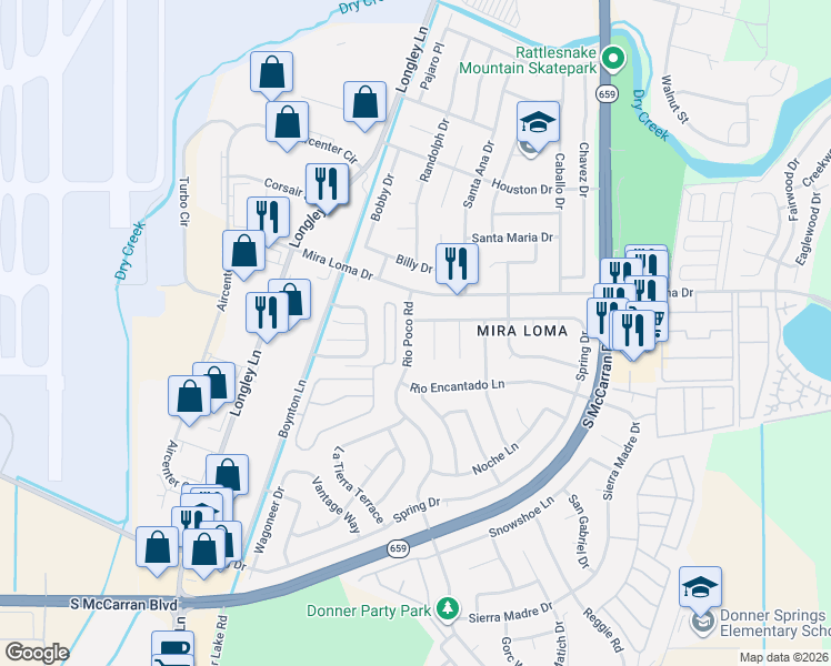 map of restaurants, bars, coffee shops, grocery stores, and more near 3530 Rio Poco Road in Reno