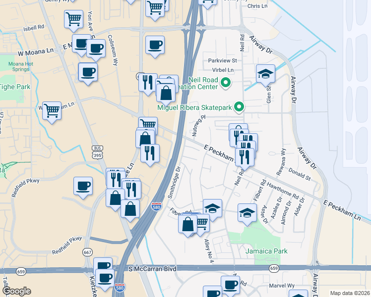 map of restaurants, bars, coffee shops, grocery stores, and more near 314 Smithridge Park in Reno