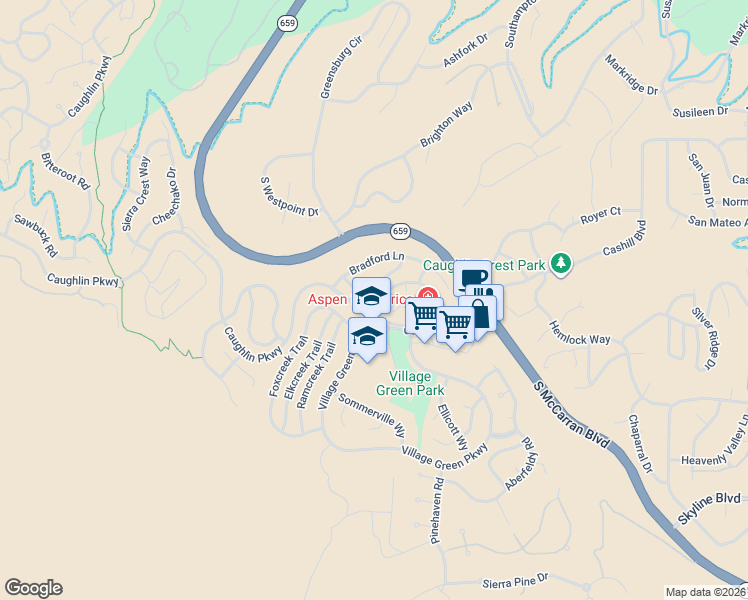 map of restaurants, bars, coffee shops, grocery stores, and more near 4799 Deerfield Court in Reno