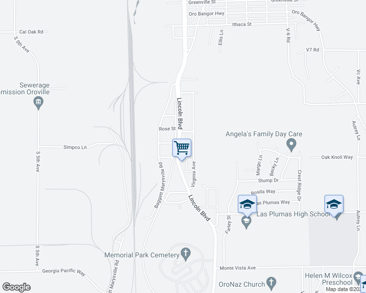 map of restaurants, bars, coffee shops, grocery stores, and more near 4811 Lincoln Boulevard in Oroville