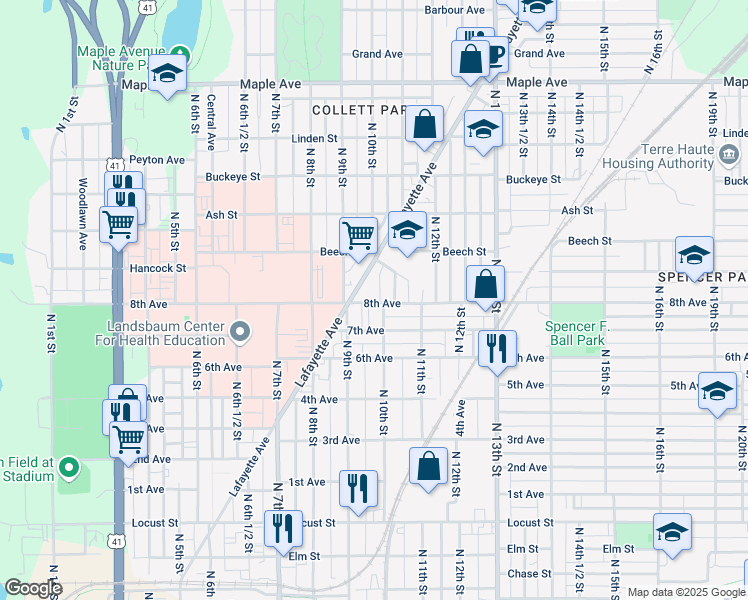 map of restaurants, bars, coffee shops, grocery stores, and more near 917 8th Avenue in Terre Haute