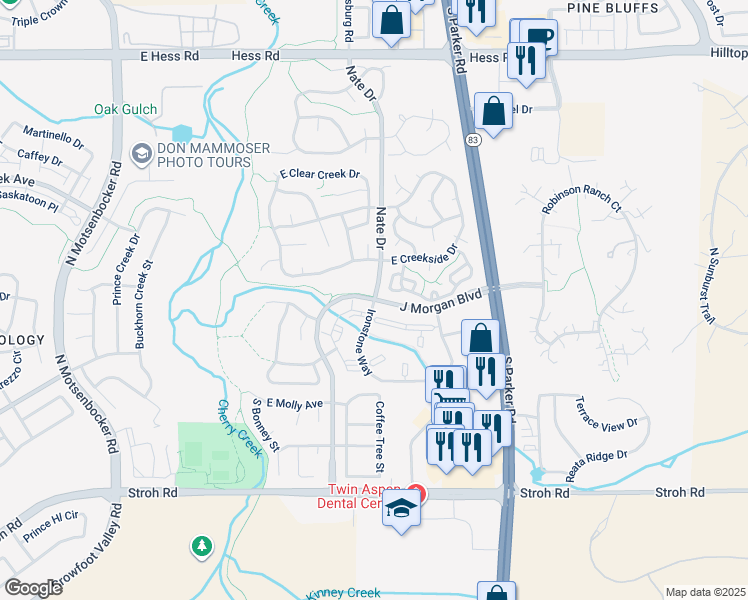 map of restaurants, bars, coffee shops, grocery stores, and more near in Parker