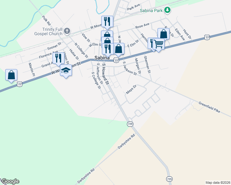 map of restaurants, bars, coffee shops, grocery stores, and more near 299 South Howard Street in Sabina