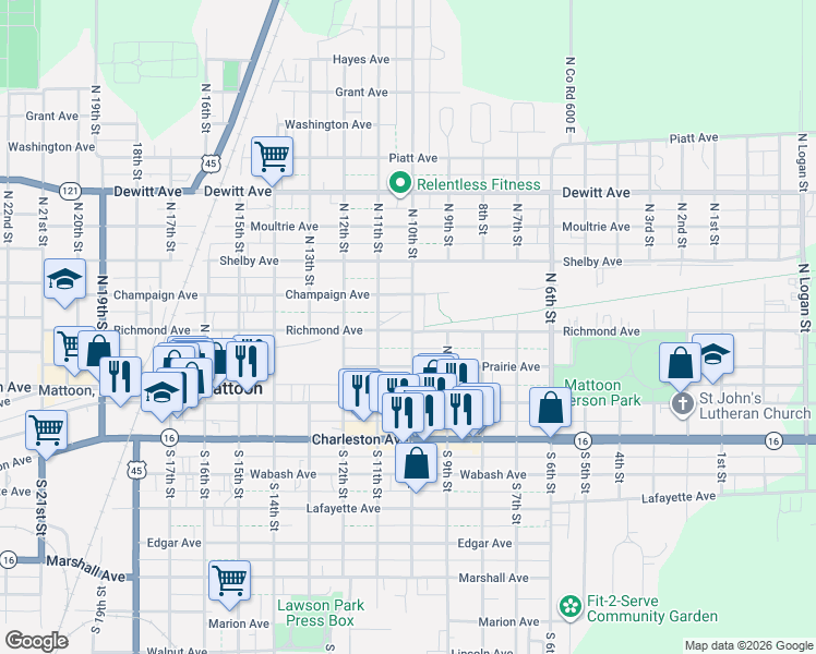 map of restaurants, bars, coffee shops, grocery stores, and more near 1001 Richmond Avenue in Mattoon