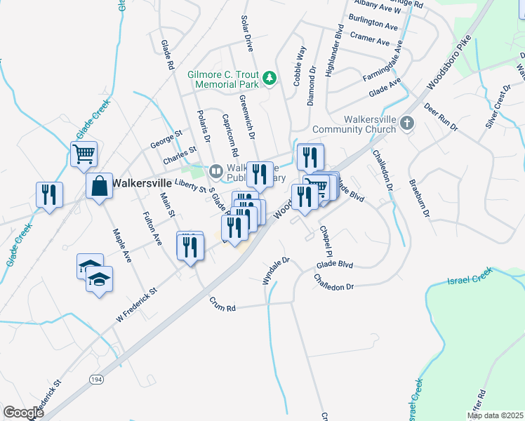 map of restaurants, bars, coffee shops, grocery stores, and more near 125 Adams Court in Walkersville