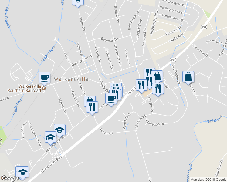 map of restaurants, bars, coffee shops, grocery stores, and more near 110 Abbot Court in Walkersville