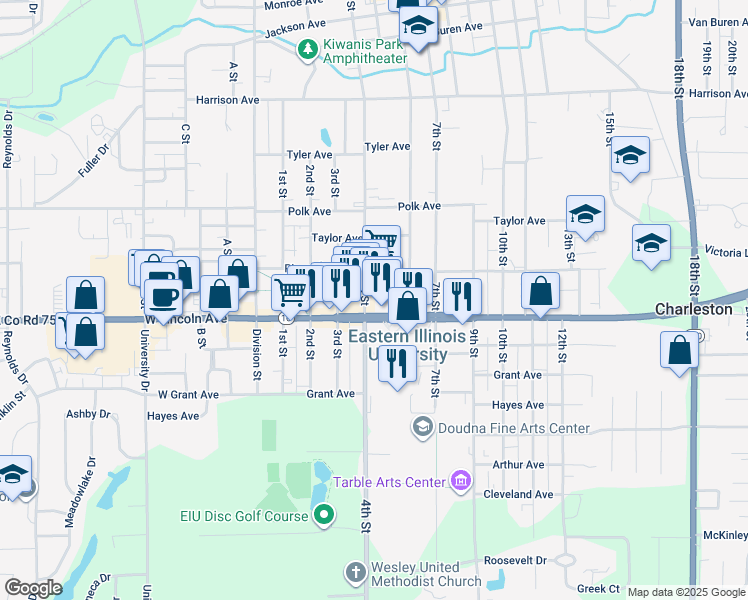map of restaurants, bars, coffee shops, grocery stores, and more near 501 Lincoln Avenue in Charleston