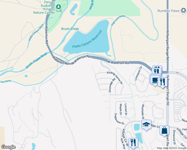 map of restaurants, bars, coffee shops, grocery stores, and more near 8447 Hackamore Road in Littleton