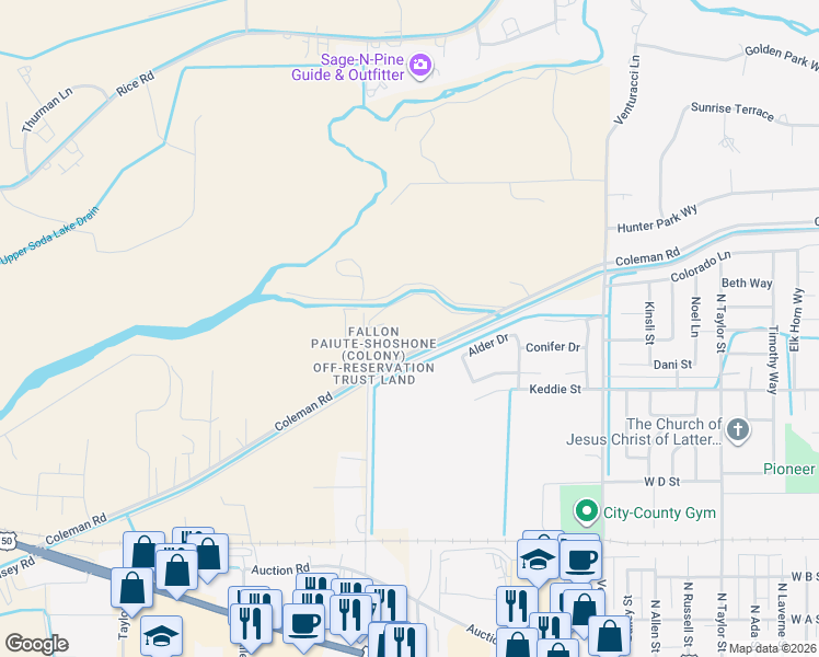 map of restaurants, bars, coffee shops, grocery stores, and more near 1755 Coleman Road in Fallon
