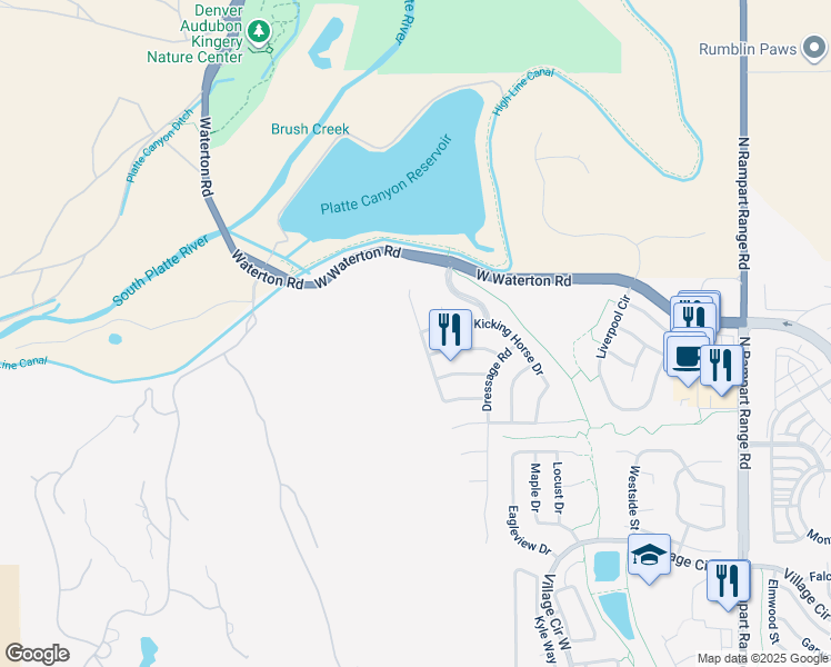 map of restaurants, bars, coffee shops, grocery stores, and more near 8447 Hackamore Road in Littleton