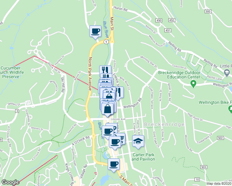 map of restaurants, bars, coffee shops, grocery stores, and more near 214 North Main Street in Breckenridge