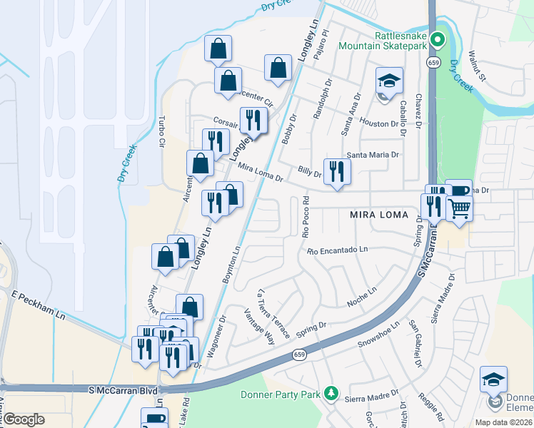 map of restaurants, bars, coffee shops, grocery stores, and more near 4026 Weeping Willow Court in Reno