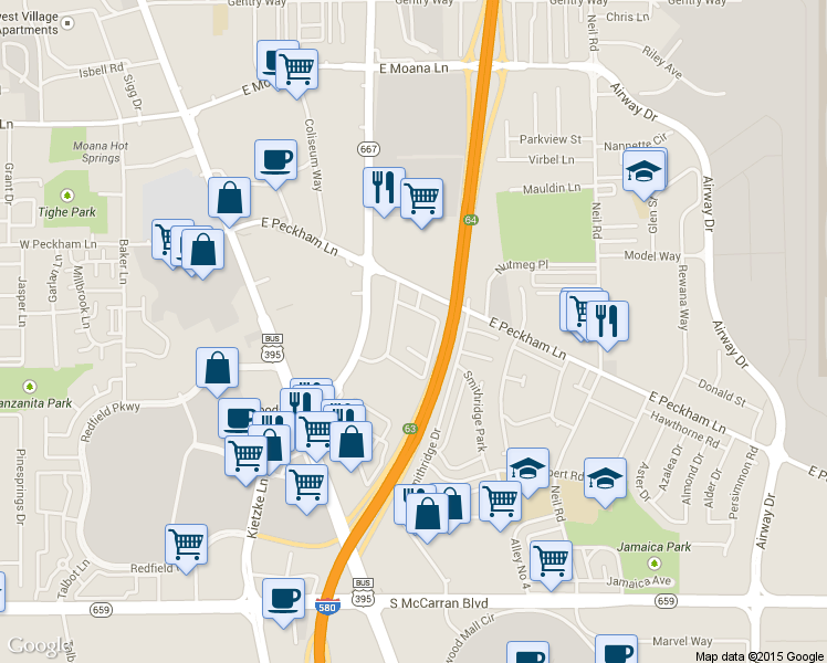 map of restaurants, bars, coffee shops, grocery stores, and more near 700 East Peckham Lane in Reno