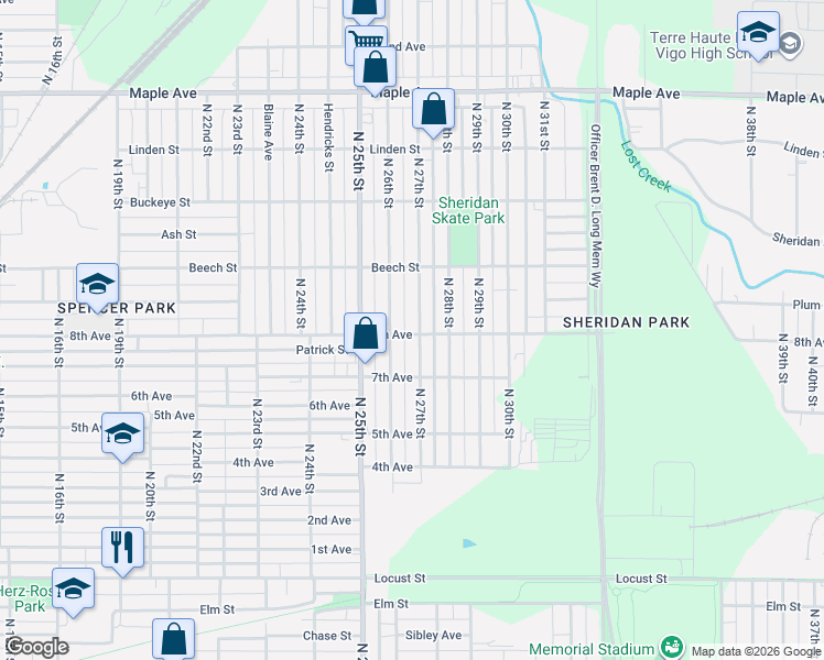 map of restaurants, bars, coffee shops, grocery stores, and more near 1541 North 27th Street in Terre Haute