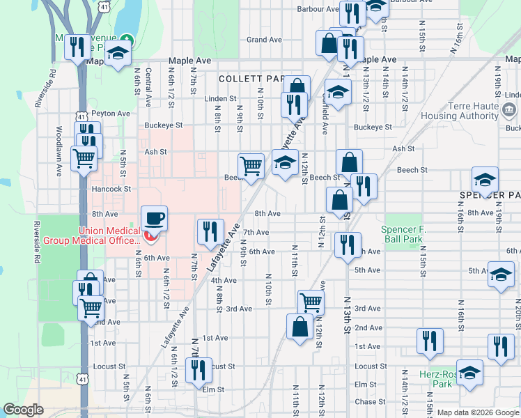map of restaurants, bars, coffee shops, grocery stores, and more near 917 8th Avenue in Terre Haute