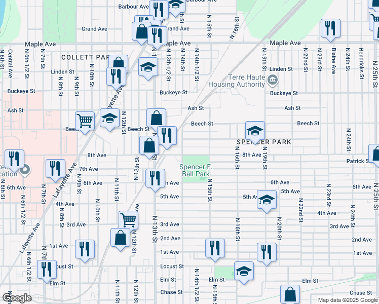 map of restaurants, bars, coffee shops, grocery stores, and more near 1416 8th Avenue in Terre Haute