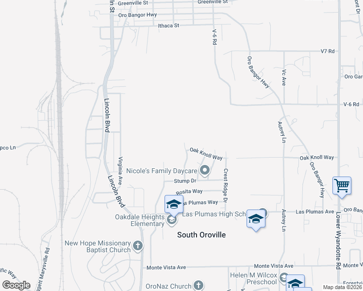 map of restaurants, bars, coffee shops, grocery stores, and more near 5278 Margo Lane in Oroville