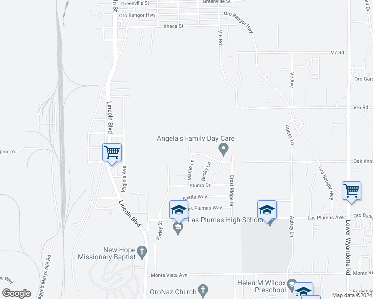 map of restaurants, bars, coffee shops, grocery stores, and more near 5278 Margo Lane in Oroville