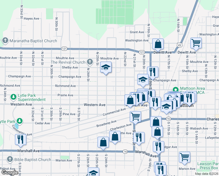 map of restaurants, bars, coffee shops, grocery stores, and more near 200-298 N 24th St in Mattoon