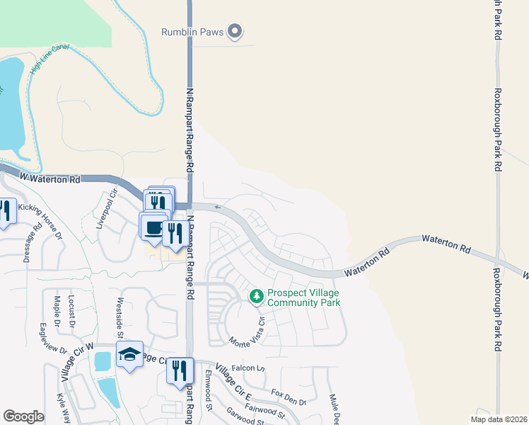 map of restaurants, bars, coffee shops, grocery stores, and more near in Roxborough Park