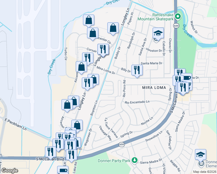 map of restaurants, bars, coffee shops, grocery stores, and more near 4026 Weeping Willow Court in Reno
