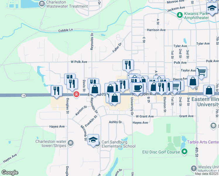 map of restaurants, bars, coffee shops, grocery stores, and more near 631 West Lincoln Avenue in Charleston
