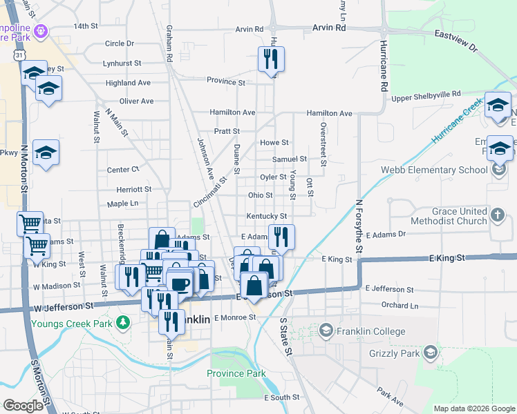 map of restaurants, bars, coffee shops, grocery stores, and more near 398 Hurricane Street in Franklin