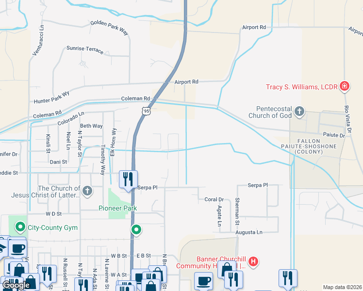 map of restaurants, bars, coffee shops, grocery stores, and more near 689 Keppel Street in Fallon