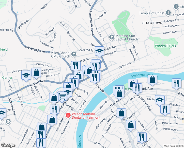 map of restaurants, bars, coffee shops, grocery stores, and more near 320 Jefferson Street in Fairmont